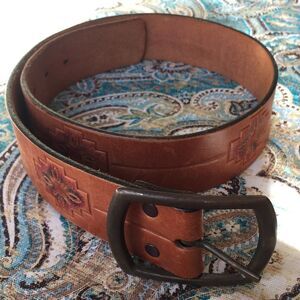 Leather Belt Hand Tooled Hand Painted Southwest Western Natural Size 27-31
